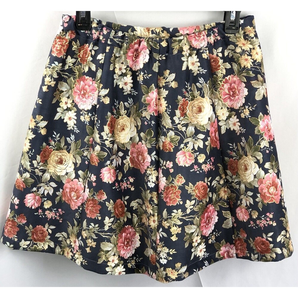 Vintage HandMade Mini Skirt M Blue/Pink Floral Peasant Roses Boho 28"W Cottage